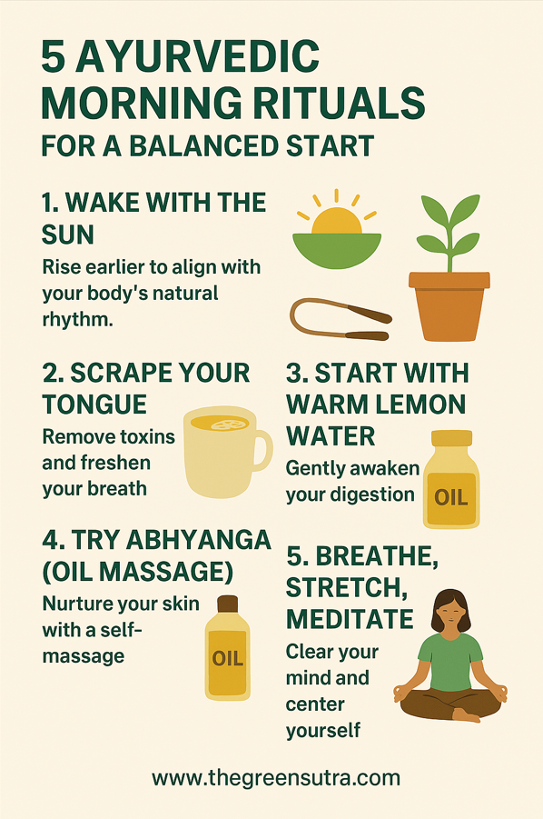 Start your day with intention and balance using these 5 simple Ayurvedic rituals. From tongue scraping to warm lemon water and gentle oil massage, these practices help clear mental fog, support digestion, and energize your body—without the coffee crash.