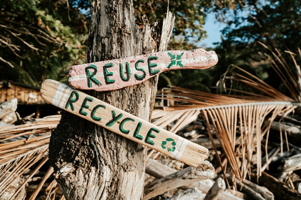 Assorted reusable items and recyclables arranged neatly, symbolizing sustainable living and mindful consumption.