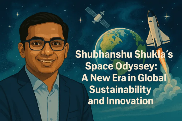 Illustration of a futuristic space station orbiting Earth, symbolizing global sustainability and innovation.