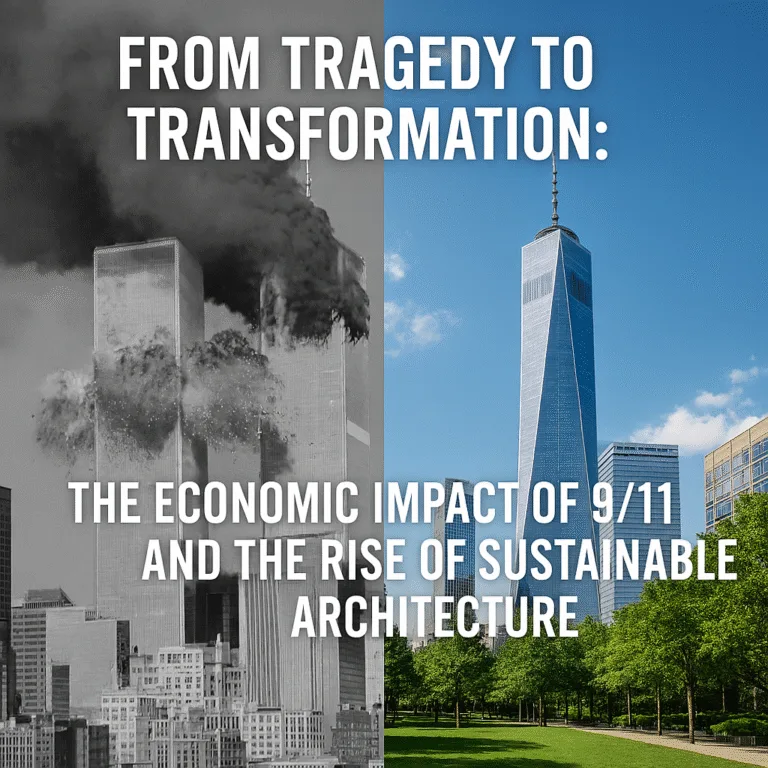 Composite image showing the 9/11 attacks in grayscale on the left and One World Trade Center surrounded by greenery in color on the right, symbolizing the shift from tragedy to sustainable transformation.