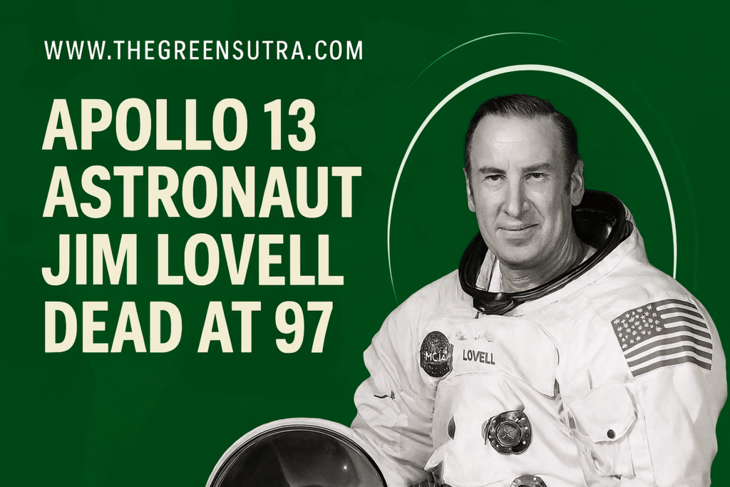 Landscape tribute graphic for Apollo 13 astronaut Jim Lovell, featuring a bold white headline ‘Apollo 13 Astronaut Jim Lovell Dead at 97’ on a deep green background with a subtle world map texture. The right side displays a circular black-and-white portrait of Lovell in his NASA spacesuit, with mission patches and an American flag. The image is branded with www.thegreensutra.com, symbolizing the connection between space exploration and global sustainability.