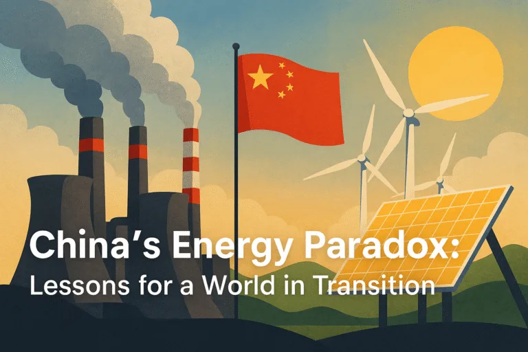 "Illustration of China's energy paradox showing coal power plants, renewable energy sources, and the Chinese flag symbolizing transition.