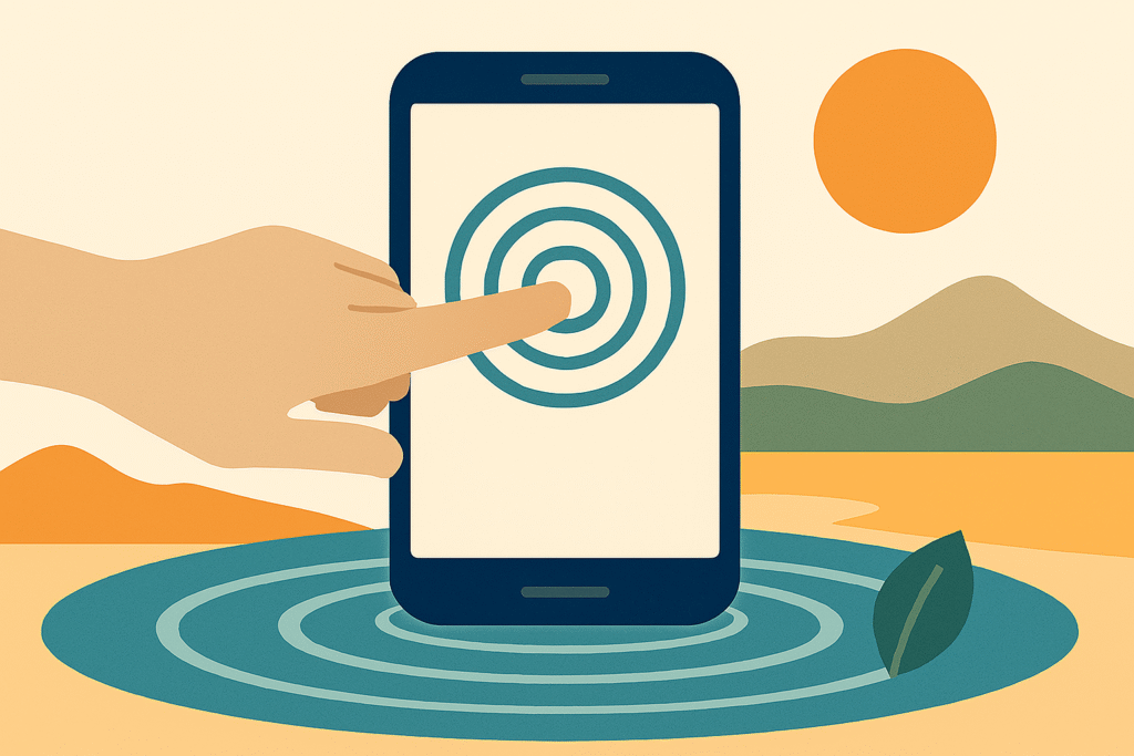 Illustration of an AI server emitting smoke with water and energy icons, set against a stylized landscape with hills and a sun.