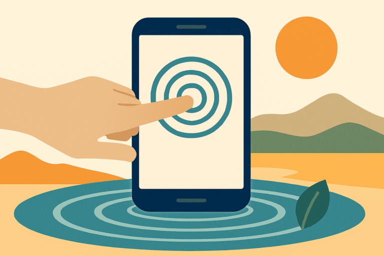 Illustration of an AI server emitting smoke with water and energy icons, set against a stylized landscape with hills and a sun.