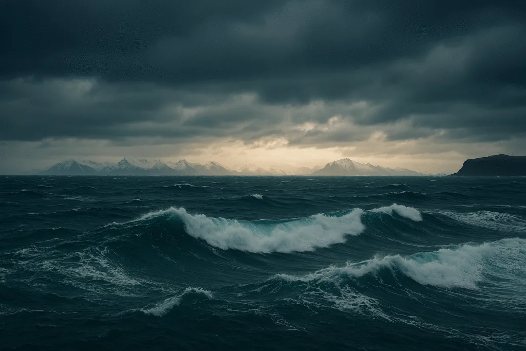 Stormy ocean waves under a dark sky with distant snow-capped Antarctic mountains in the Drake Passage.