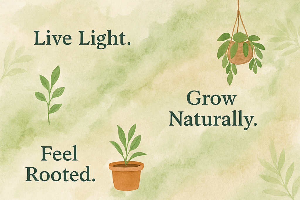 Watercolor landscape illustration with three quotes — “Live Light.” in the top left, “Grow Naturally.” in the top right, and “Feel Rooted.” at the bottom center. Each quote is paired with a botanical element: a leafy sprig, a hanging plant in a terracotta pot, and a small potted herb. The background features soft green and beige watercolor washes, evoking a calm, earthy aesthetic.