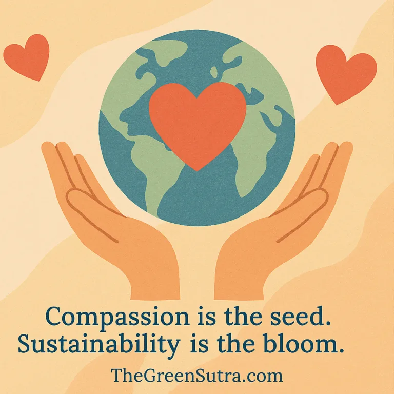 Illustration of a globe cradled by hands with a heart overlay, symbolizing compassion and sustainability, with quote and website branding.