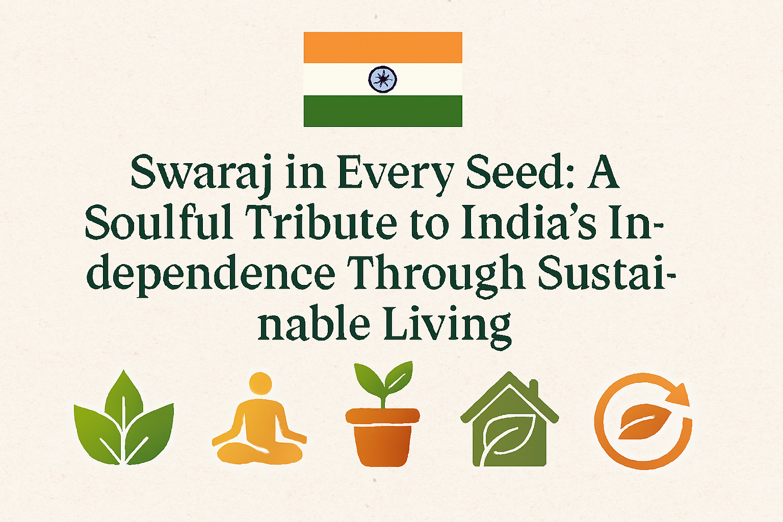 Modern digital illustration celebrating India’s Independence Day through sustainable living, featuring the Indian flag, eco icons for Ayurveda, meditation, organic gardening, sustainable homes, and zero-waste recycling