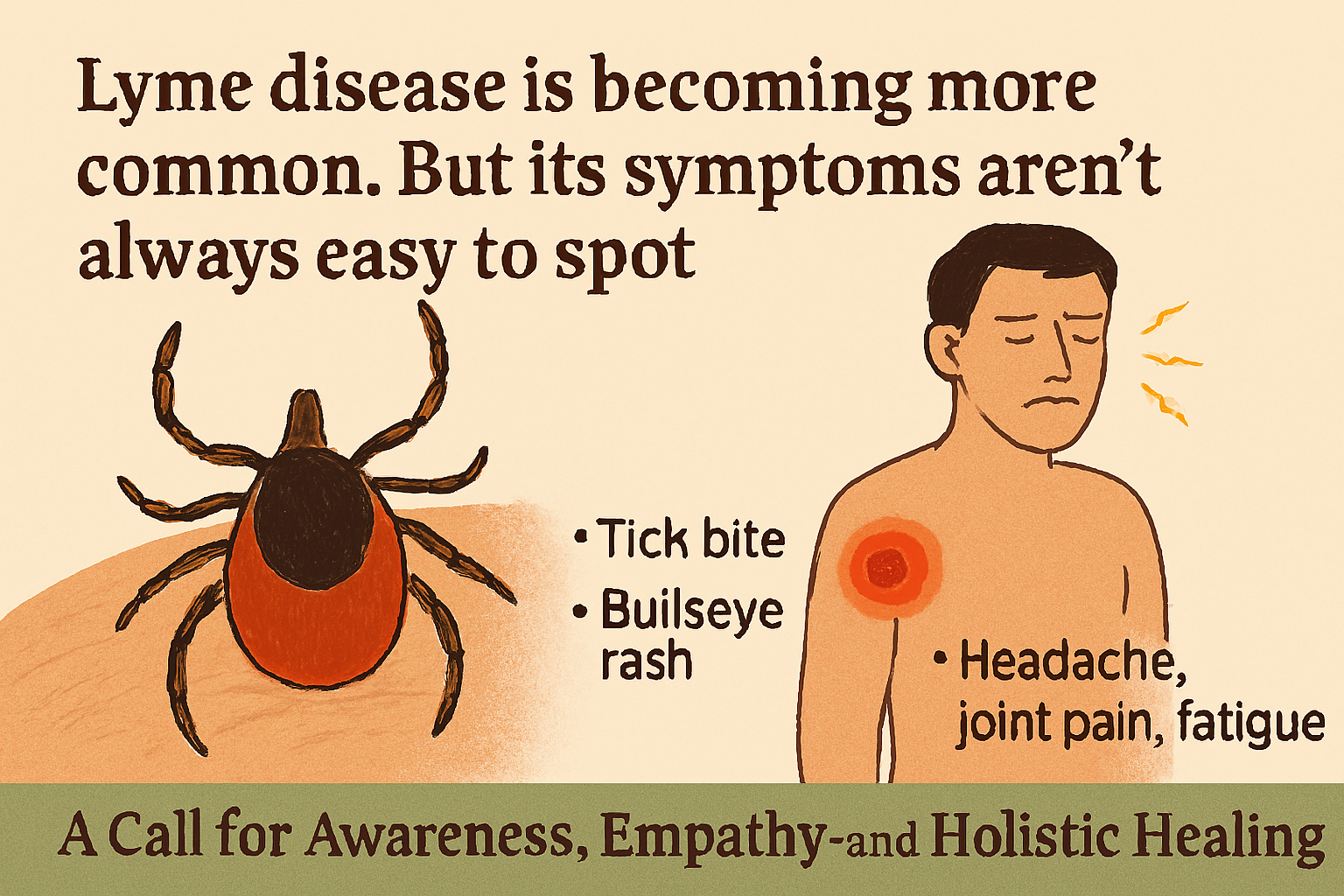 Illustration showing a tick on human skin and a person with Lyme disease symptoms including a bullseye rash, headache, and joint pain. Includes educational text and a call for holistic healing.