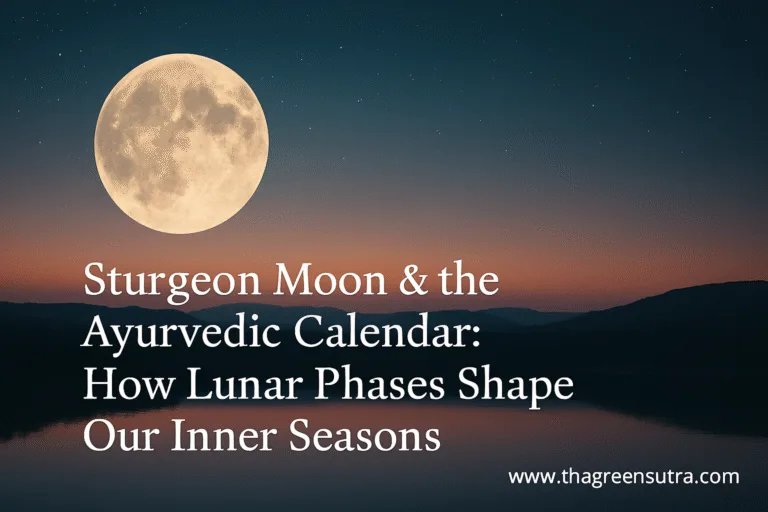 Landscape image of a glowing sturgeon full moon rising over calm water and rolling hills at twilight, with poetic title text and thegreensutra.com