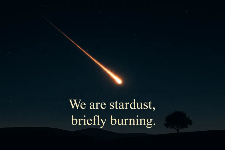 A bright meteor streaks across a star-filled night sky above silhouetted hills and a solitary tree, with the quote “We are stardust, briefly burning” written below.