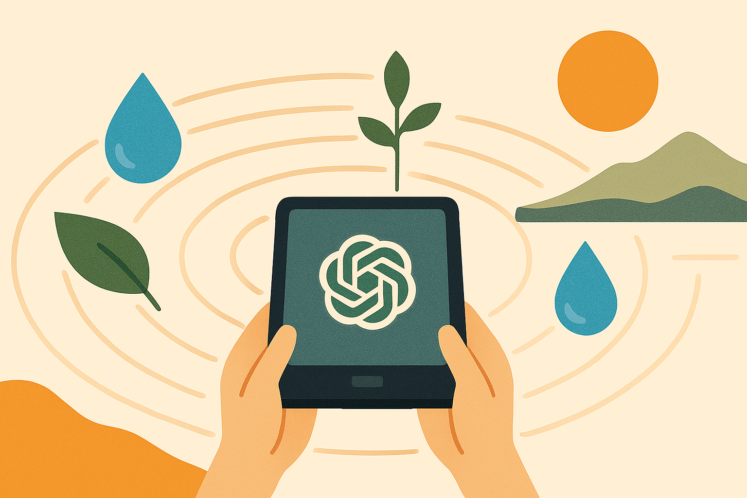Hands holding a tablet with ripple effects radiating outward, surrounded by a leaf, water droplet, and sapling in a stylized landscape.