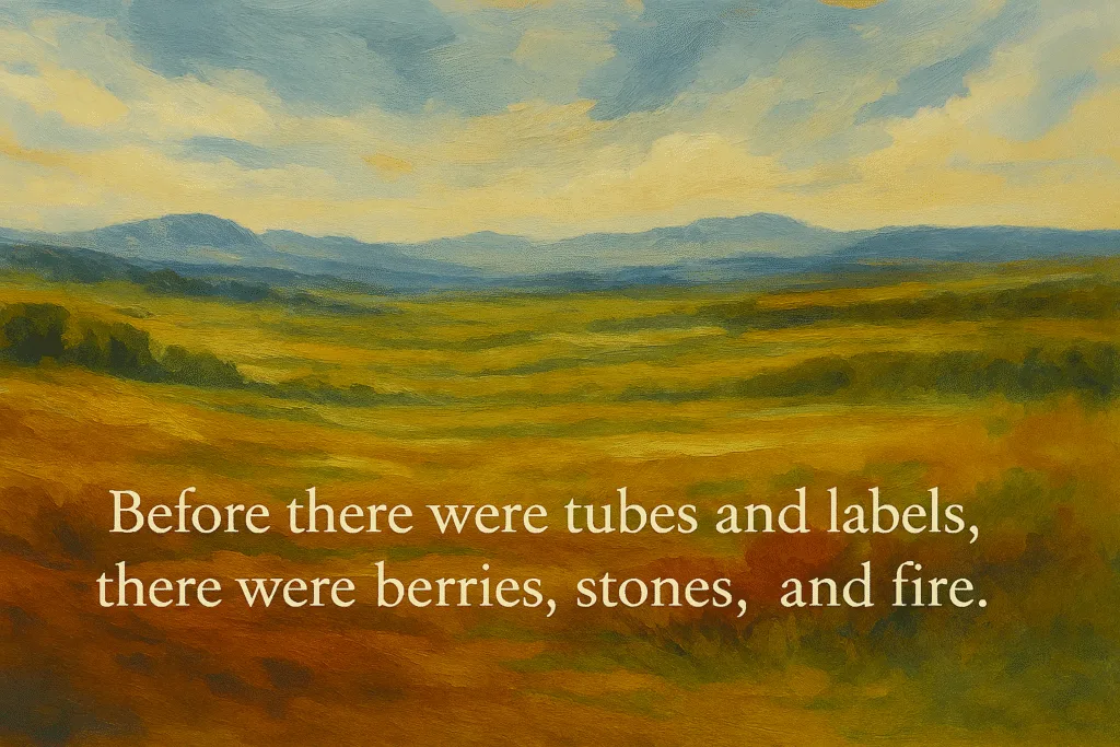 Impressionistic landscape painting with rolling hills, distant mountains, and a poetic quote about natural pigments and sustainable art.
