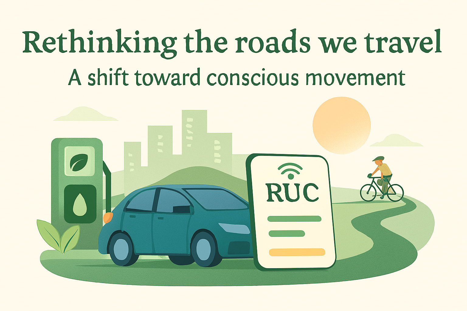 Electric car, cyclist, and RUC card on a winding road with cityscape and sun in the background, illustrating New Zealand’s shift to electronic road user charges.