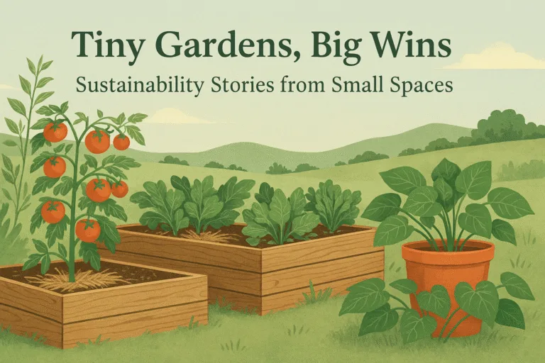 Raised beds, vertical tomato vines, and sweet potato buckets thriving in a small garden under soft daylight, illustrating sustainable gardening in tiny spaces.