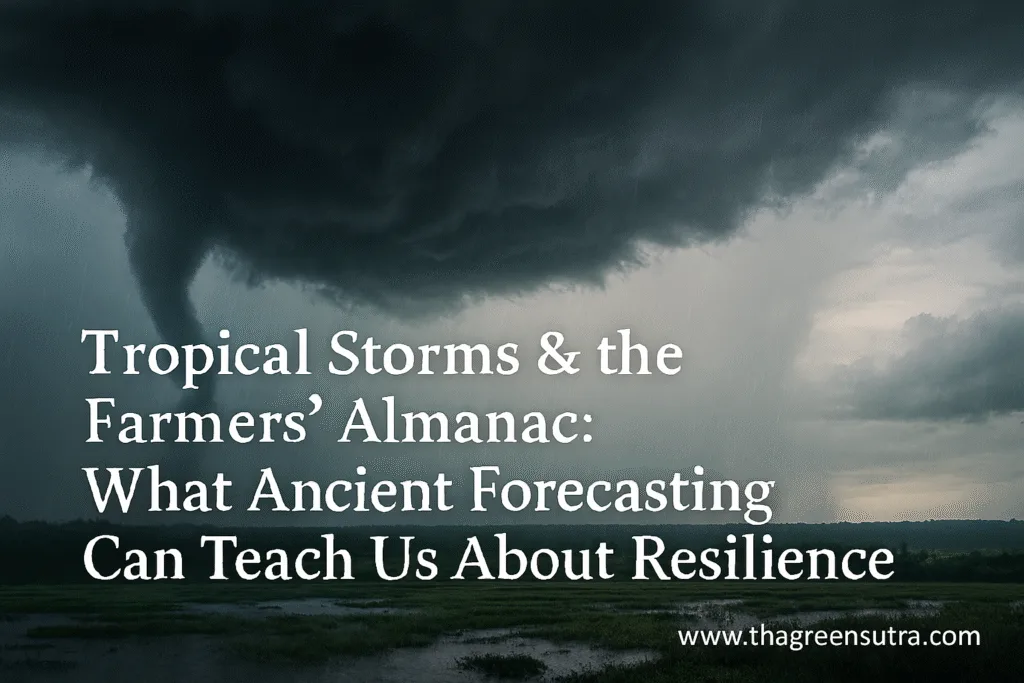 Landscape image of a tornado forming under dark storm clouds over green fields, with rain falling and blog title text overlayed; www.thegreensutra.com in corner.