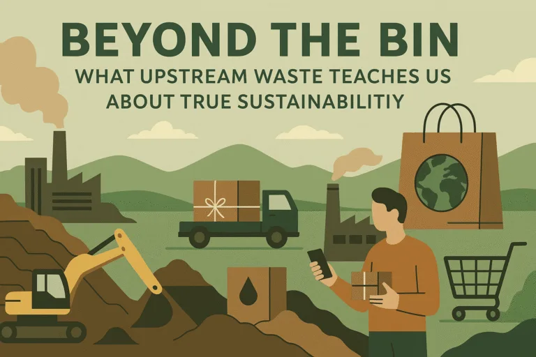 Illustration showing upstream waste: factory emissions, mining, transport, and consumer shopping, highlighting the hidden environmental impact before disposal.