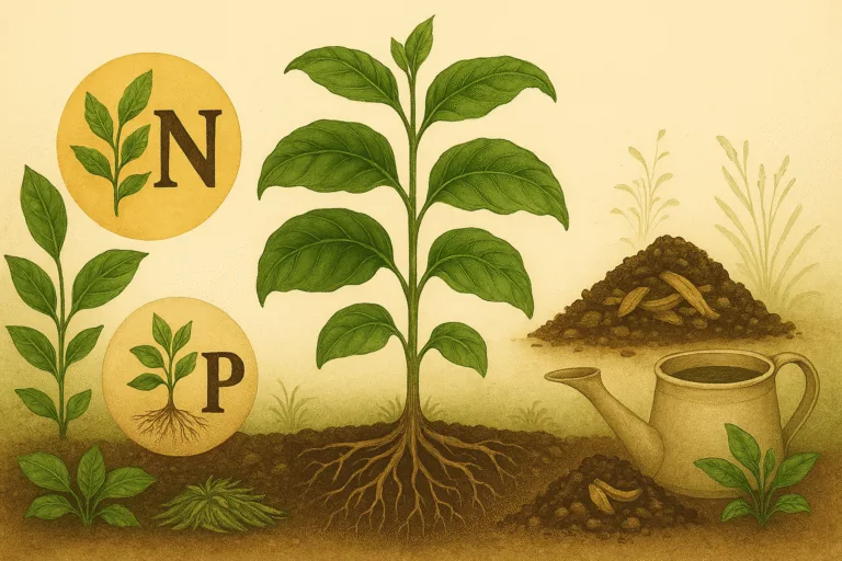 Thriving green plant with visible roots surrounded by compost, coffee leaves, grass clippings, and a watering can—illustrating organic nitrogen sources.