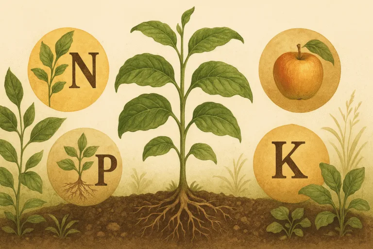 Lush green plant with visible roots surrounded by symbolic illustrations of nitrogen (leafy stem), phosphorus (root system), and potassium (apple), representing essential nutrients for plant growth.
