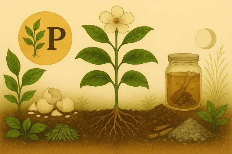 Flowering plant with visible roots surrounded by bone broth, crushed eggshells, wood ash, and a waning moon—symbolizing organic phosphorus care.