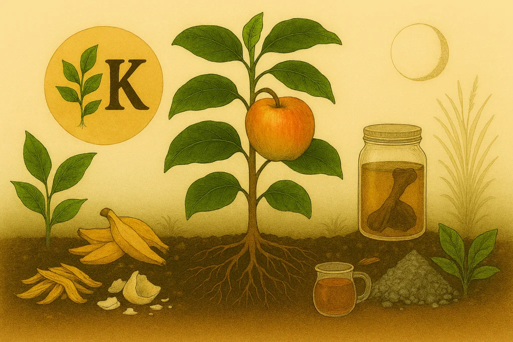 Fruit-bearing tomato and apple plants with composted banana peels, molasses water, seaweed mulch, and a full moon—illustrating potassium’s role in plant resilience.