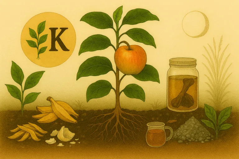 Fruit-bearing tomato and apple plants with composted banana peels, molasses water, seaweed mulch, and a full moon—illustrating potassium’s role in plant resilience.