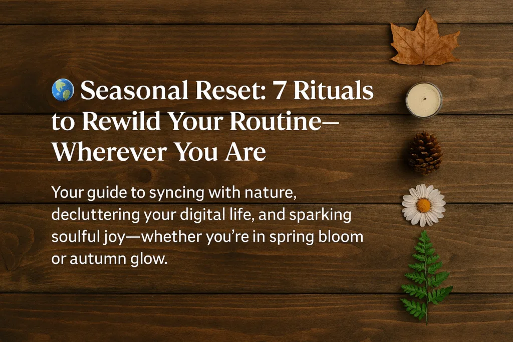 A symbolic landscape showing seasonal reset rituals across spring and autumn, with blooming flowers, falling leaves, a person journaling outdoors, and eco-friendly items like reusable bottles and compost bins.