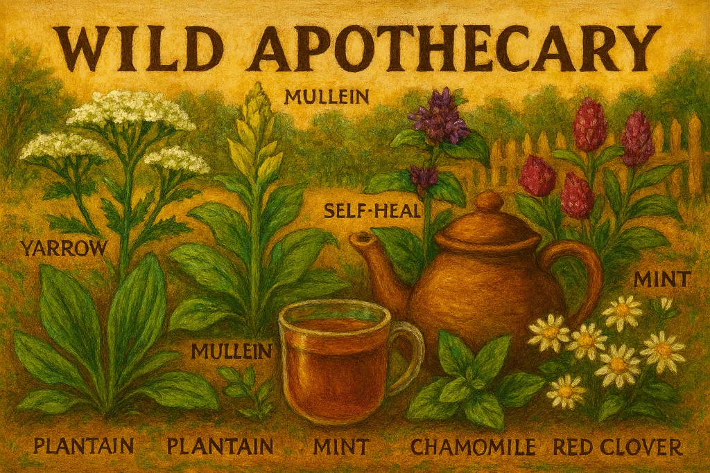 A peaceful backyard herbal garden featuring labeled wild medicinal plants—yarrow, plantain, self-heal, mullein, red clover, chamomile, and mint—with bees and butterflies hovering nearby. A rustic table holds a steaming cup of herbal tea, a mortar and pestle, and freshly harvested herbs, all bathed in soft morning light.