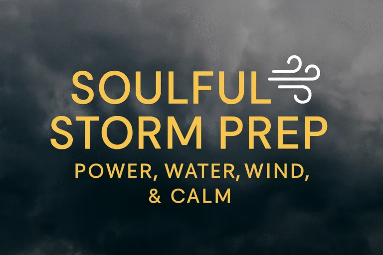 Dark storm clouds with golden text reading ‘Soulful Storm Prep: Power, Water, Wind, & Calm’ and a white wind icon.