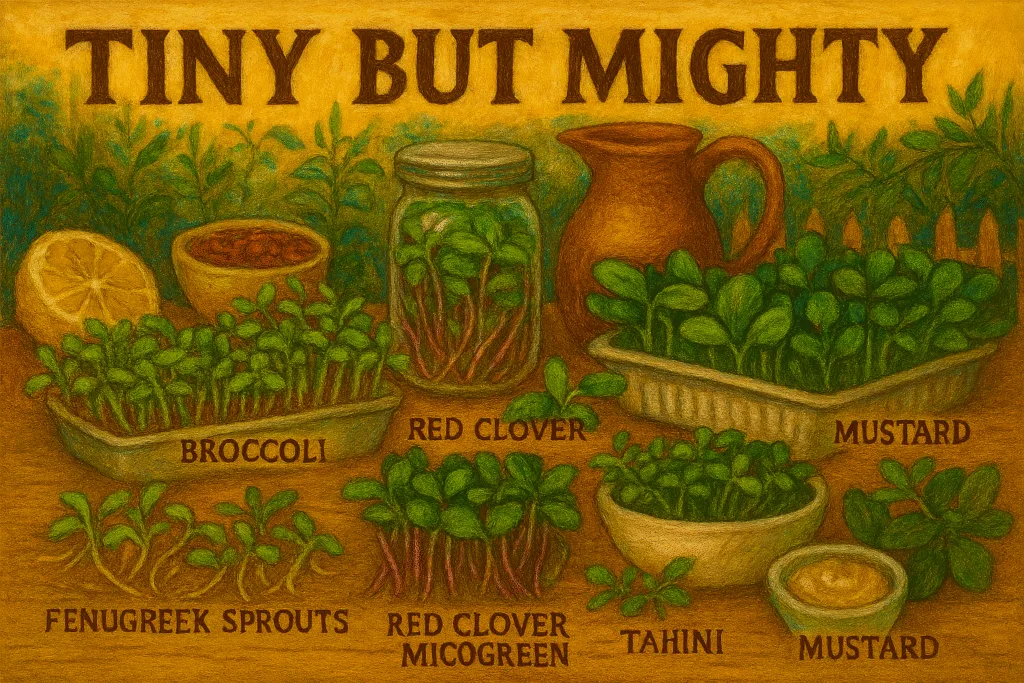 A cozy indoor garden with labeled trays of microgreens and jars of sprouts including fenugreek, broccoli, red clover, sunflower, radish, chickweed, and mustard. A steaming bowl of quinoa microgreen salad and a cup of herbal tea sit nearby, bathed in soft morning light.