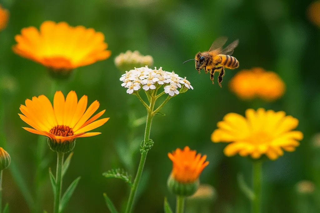 A vibrant healing garden in full bloom featuring calendula, lavender, mint, bee balm, and echinacea, with bees and butterflies flying among the flowers under a sunny blue sky. A rustic wooden sign reads “Wild Wisdom Garden.”