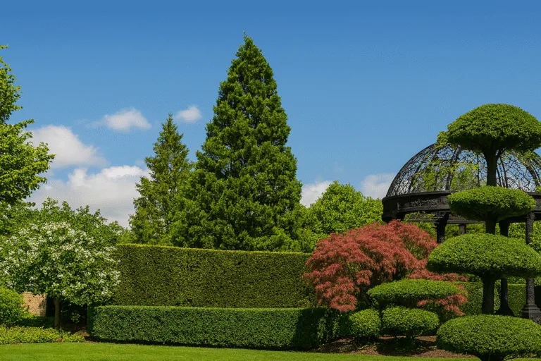 Amenity garden with pruned topiary, Japanese maple, flowering shrub, and vine-covered gazebo under a blue sky.
