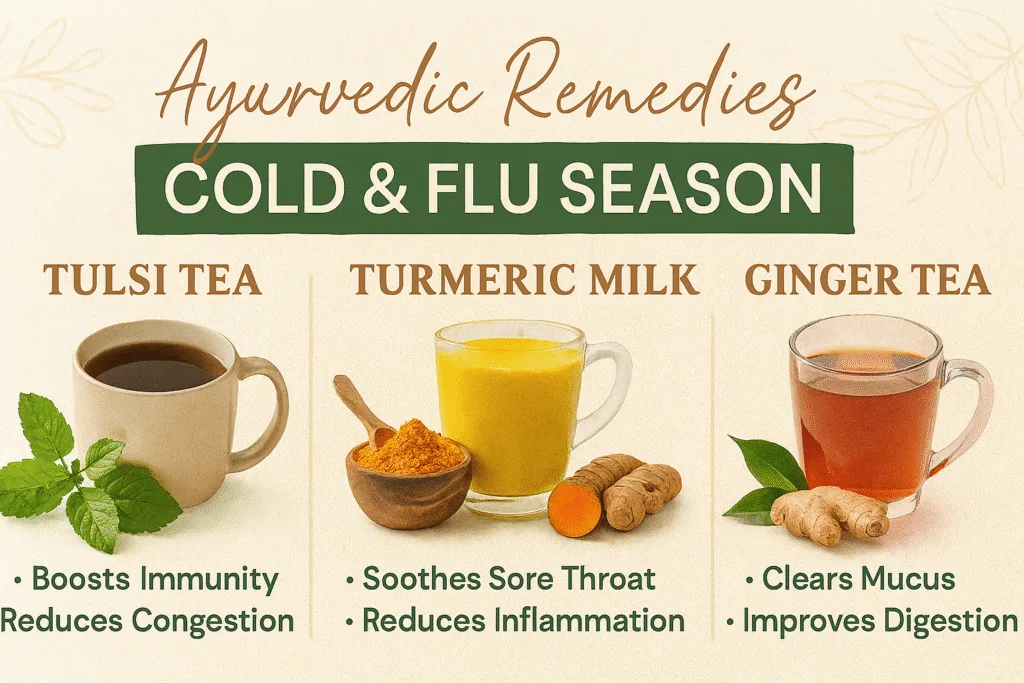 Ayurvedic and modern remedies for cold and flu season in landscape infographic