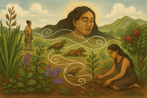 Māori-inspired garden landscape with native plants, Earth Mother figure, and people tending to nature.