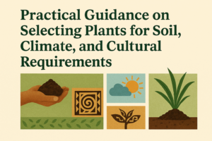 “Educational illustration showing hand holding soil, sun and cloud for climate, Māori carving for culture, and plant sprouting from soil — representing practical plant selection guidance.”