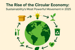 A landscape illustration of the circular economy in 2025, showing a green Earth surrounded by icons for recycling, renewable energy, biodiversity, repair, and reuse, connected by arrows in a circular loop.