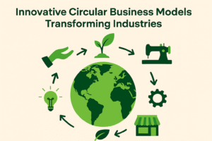 A landscape illustration showing Earth surrounded by icons representing circular business models like product-as-a-service, sharing platforms, repair, resource recovery, and sustainable supply chains