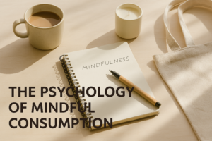 Flat lay of a coffee mug, notebook labeled “Mindfulness,” candle, and reusable canvas bag on a sunlit wooden surface.