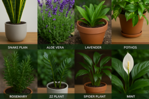 A landscape garden scene featuring low-maintenance plants like snake plant, aloe vera, lavender, pothos, rosemary, marigold, spider plant, peace lily, and mint in raised beds and planters under soft natural light.