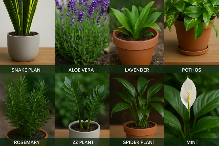 A landscape garden scene featuring low-maintenance plants like snake plant, aloe vera, lavender, pothos, rosemary, marigold, spider plant, peace lily, and mint in raised beds and planters under soft natural light.
